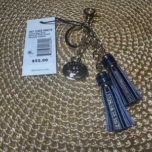 NWT Brahmin Navy Leather Tassel Bag Charm & Key Ring with Gold Hardware